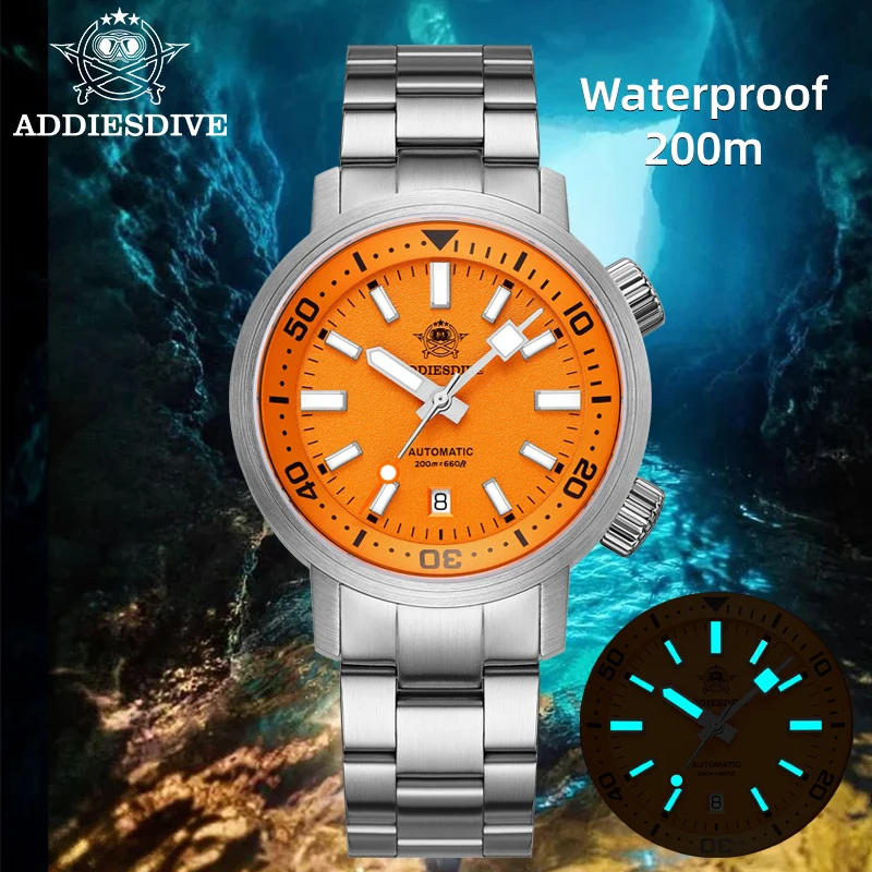 Reloj ADDIESDIVE AD2541 con Cristal de Zafiro, Resistente al Agua 200M, Mecánico Automático, Superluminoso, de Acero Inoxidable, con Movimiento Japonés 8215 para Hombre