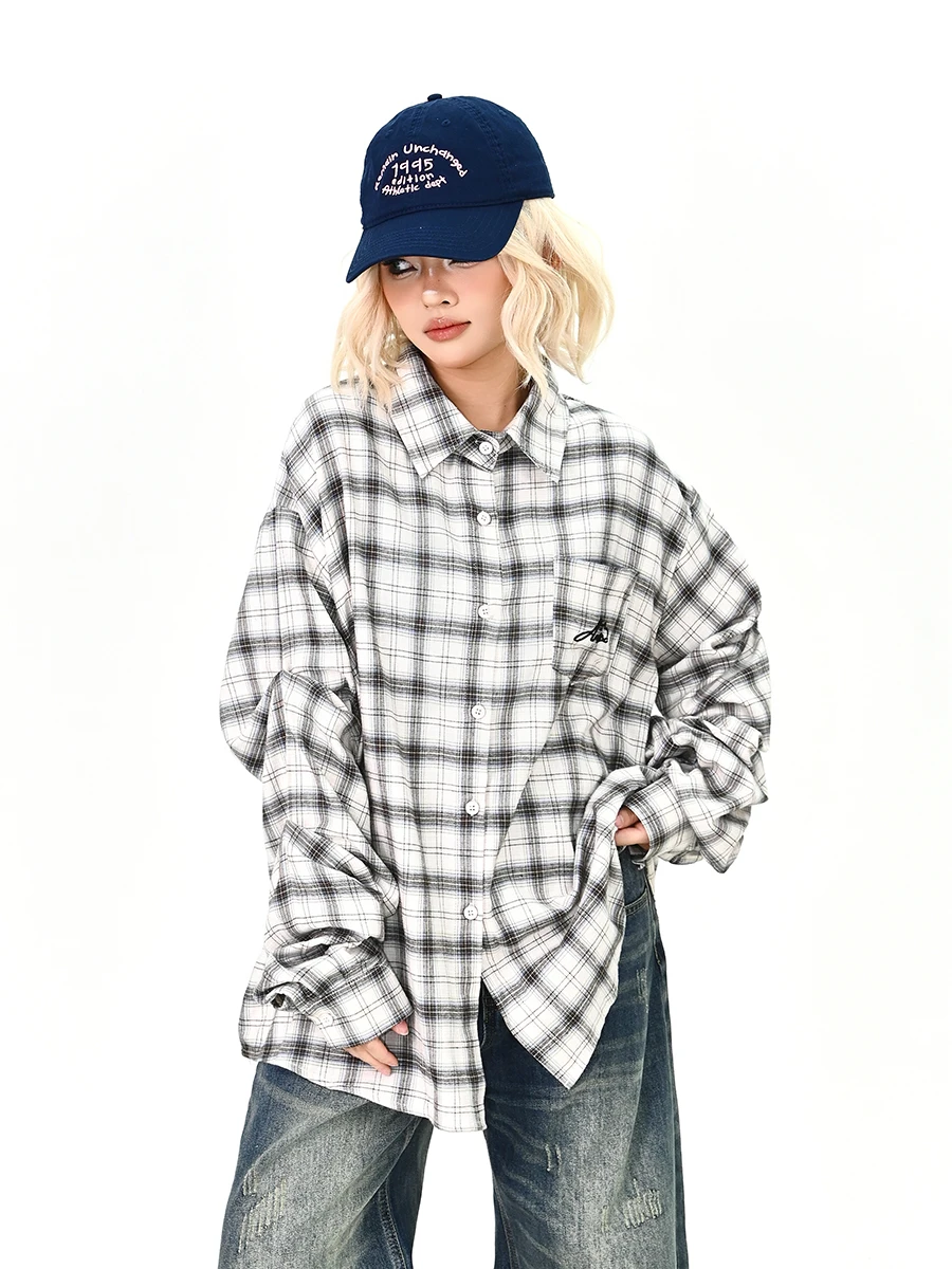 

Американская клетчатая рубашка с длинным рукавом, свободного кроя, женская, винтажная, в уличном стиле, весна 2026, парная, повседневная, на пуговицах