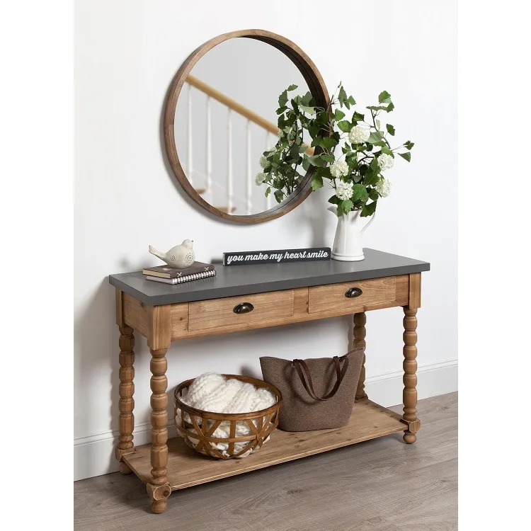 Rutledge Farmhouse Chic Two Drawer Console Table, Rustic Wood Base and Concrete Gray Top