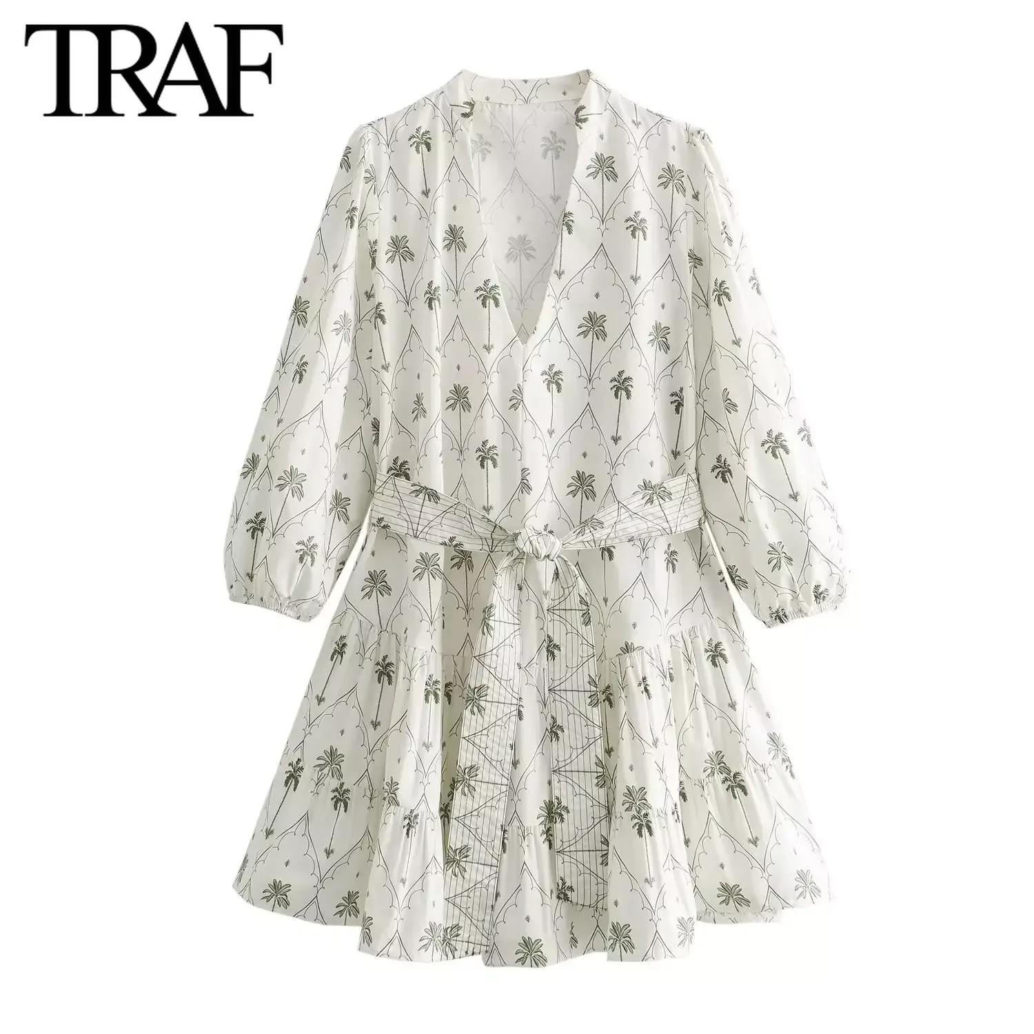 TRAF Women Fashion Spring Summer New Vintage Printed Long-sleeved V-Neck Belt Dress French Chic Female Mini Evening Clothing