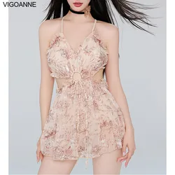 VigoAnne Print Verge Mesh Dress stroje kąpielowe damskie 2025 Puah UP jednoczęściowy strój kąpielowy koreański Hollow Monokini letni strój kąpielowy plażowy