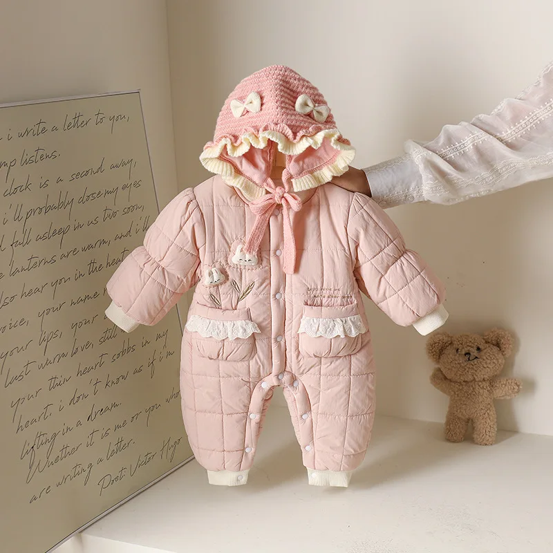 

Детские комбинезоны для девочек UNITIM, утепленные комбинезоны с аппликацией кролика для маленьких девочек, новые зимние розовые флисовые боди для новорожденных девочек