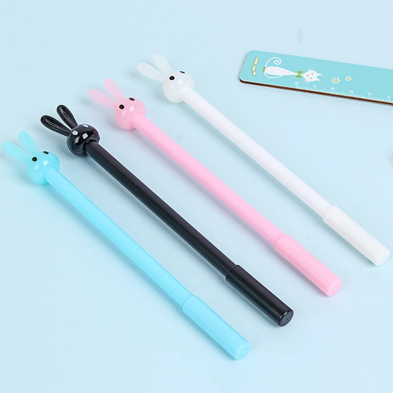 6Pcs Random Color Cute Long Ears Rabbit Gel Ballpoint Pens Creative Black Ink Neutral Pens School Office Supply
