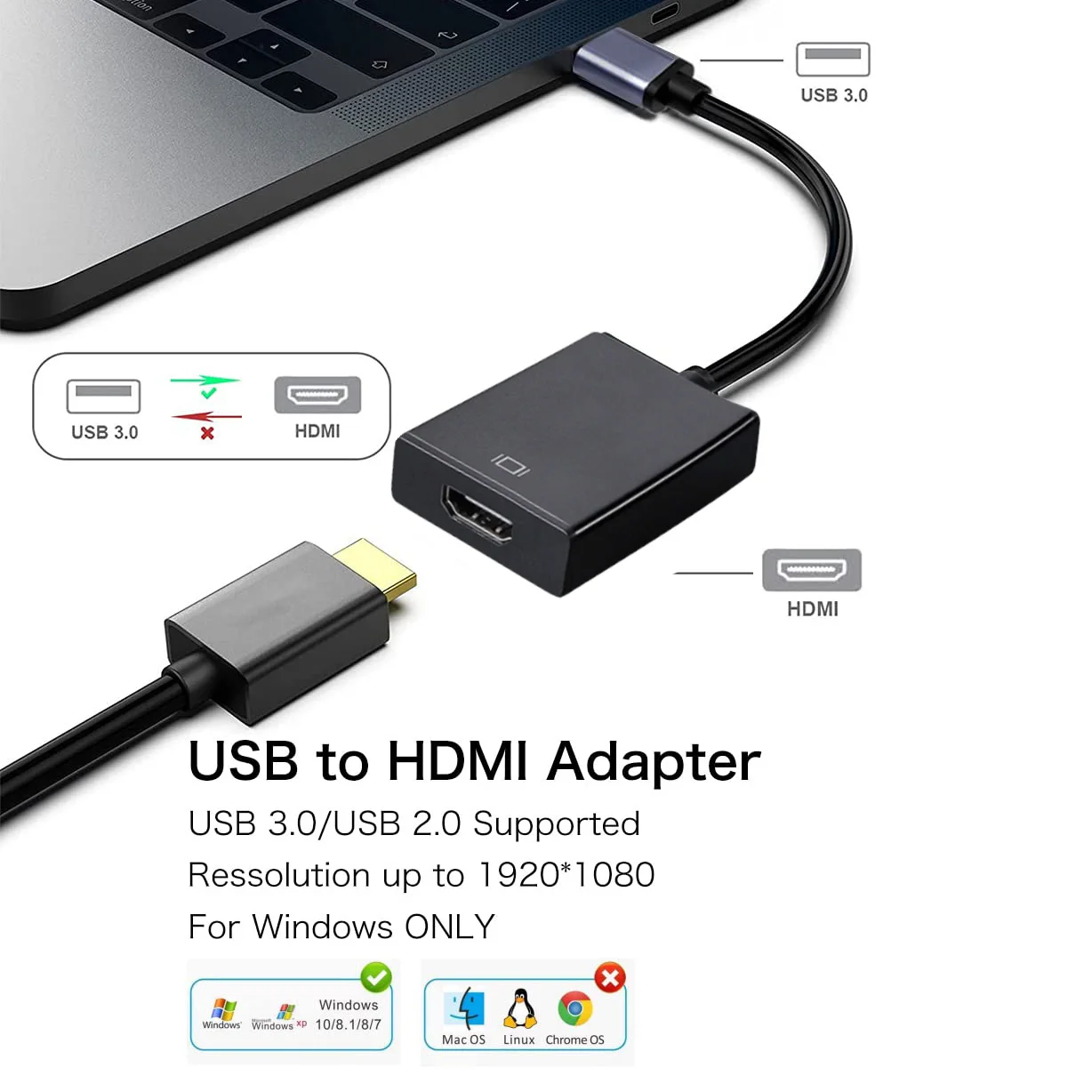 USB 3.0 to HDMI Adapter Converter USB Adapter Cable 1080P HDTV Projector Multi Display Adapter Free Driver for PC Laptop Desktop