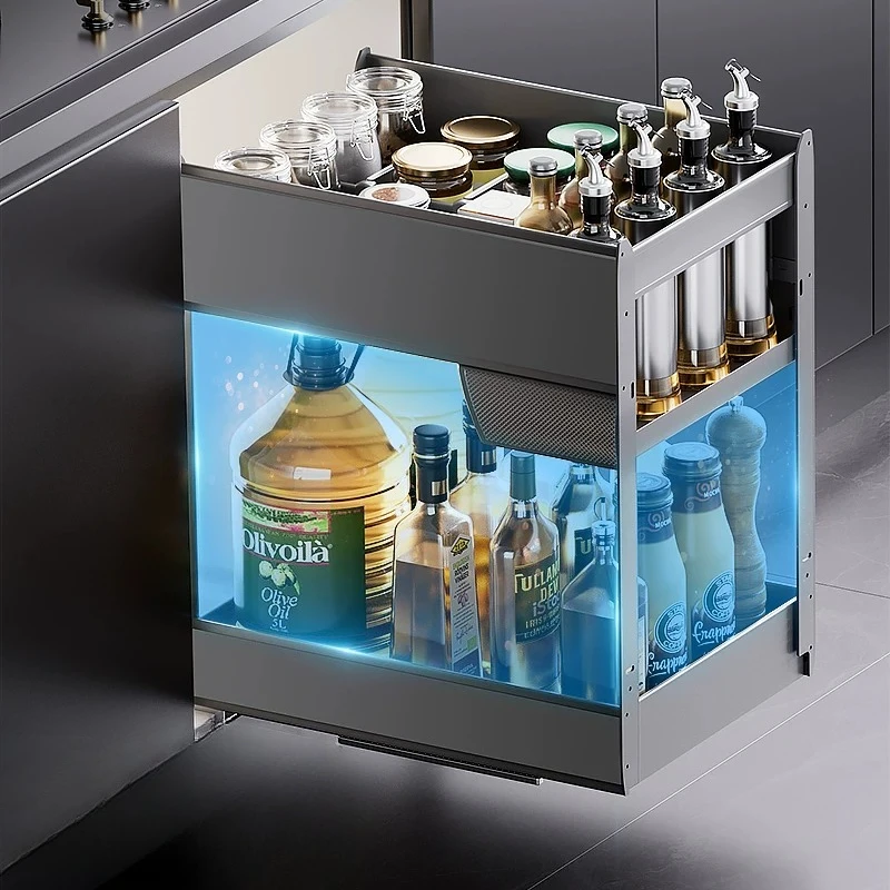 Aluminum Spice Rack, Removable Divider Pull Out Drawer, Double Layer Seasoning Basket, Rustproof Cabinet Organizer for Kitchen