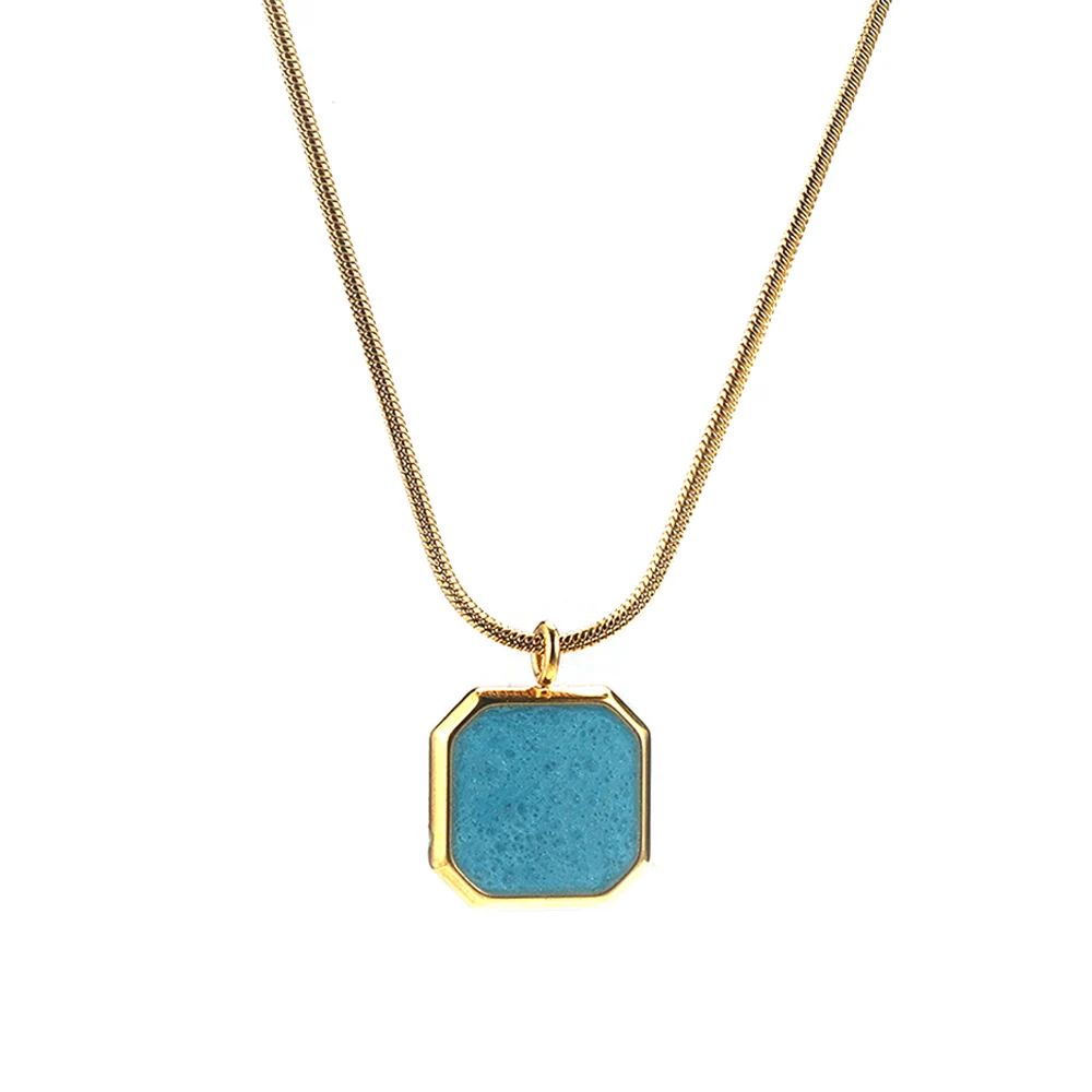 Stainless Steel Fashion Gold Plated Minimalist Blue Natural Stone Geometric Polygonal Pendant Feminine Charm Necklace Jewelry