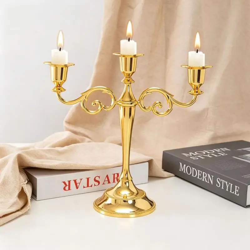 Vintage Scroll 3 Arms Candelabra Heat Resistant Metal Taper Candle Holder for Family Gathering Dinner Table Decor