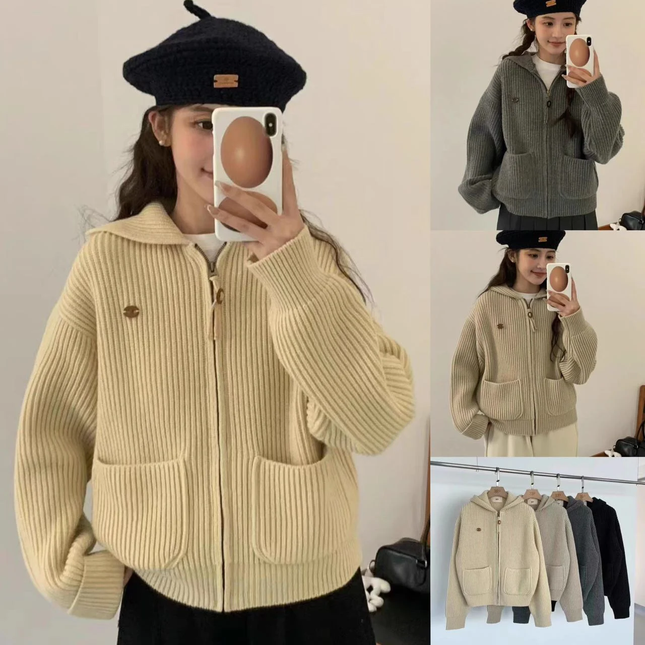 

Zippered Wool Knitted Hat Sweater Outerwear for Women Casual Versatile Loose Fit Hooded Cardigan Commute Sle Long Sve