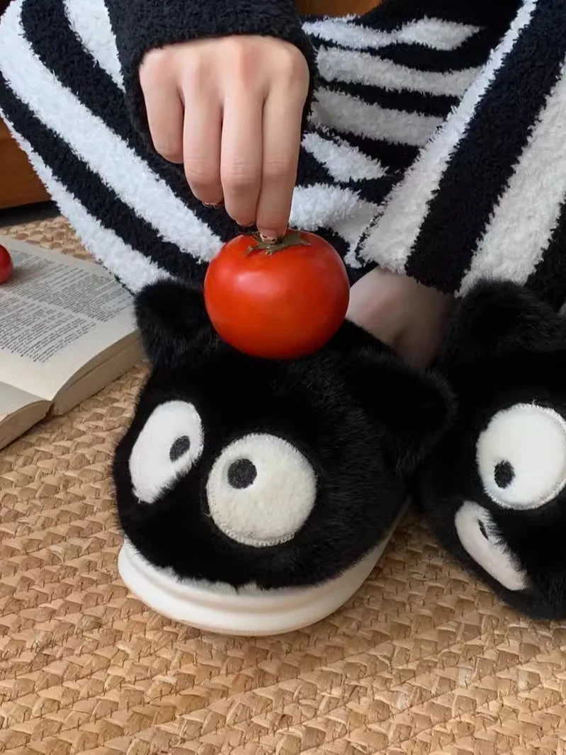 Man Women Cotton Slippers Funny Instagram Big Eyes Black Cat Home Slippers Casual Winter Soft Soled Indoor Household Slippers