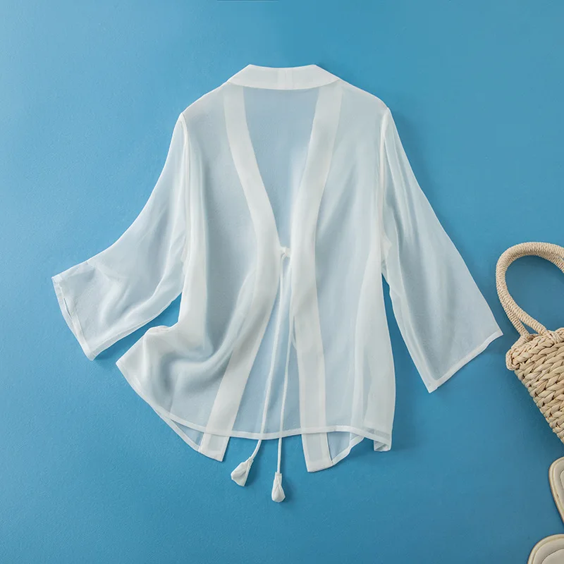 Winsleter-100% Silk Elegant Sunscreen Tops, 3/4 Sleeve Lace-up, Women Beach Vacation Short Shawl Coat, 2026 Summer New C64713CC