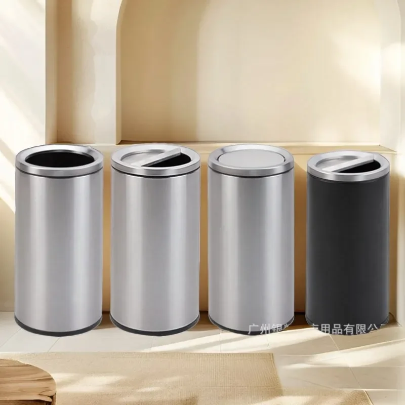Stainless steel clamshell trash can commercial large-capacity shopping mall bathroom cinema square corridor aisle round large
