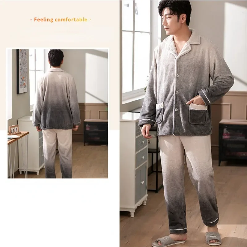 2024 New Winter Sleepwear Men's Coral Plush Thickened Warm Loungewear Set Fleece Flannel Pajama Long Sleeves Plus Size Homewear