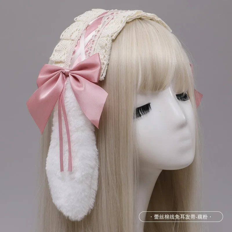 Cute Girls Women Plush Lace Ribbon Lolita Headband Bunny Dropped Ears Hair Band Comic-Con Cosplay Props Rabbit Ears Headwear