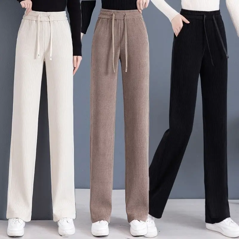 Women's High-end Improved Narrow Spring And Autumn New Edition Plush Western-style Wide Leg Sweat Khaki Pants For Women Straight