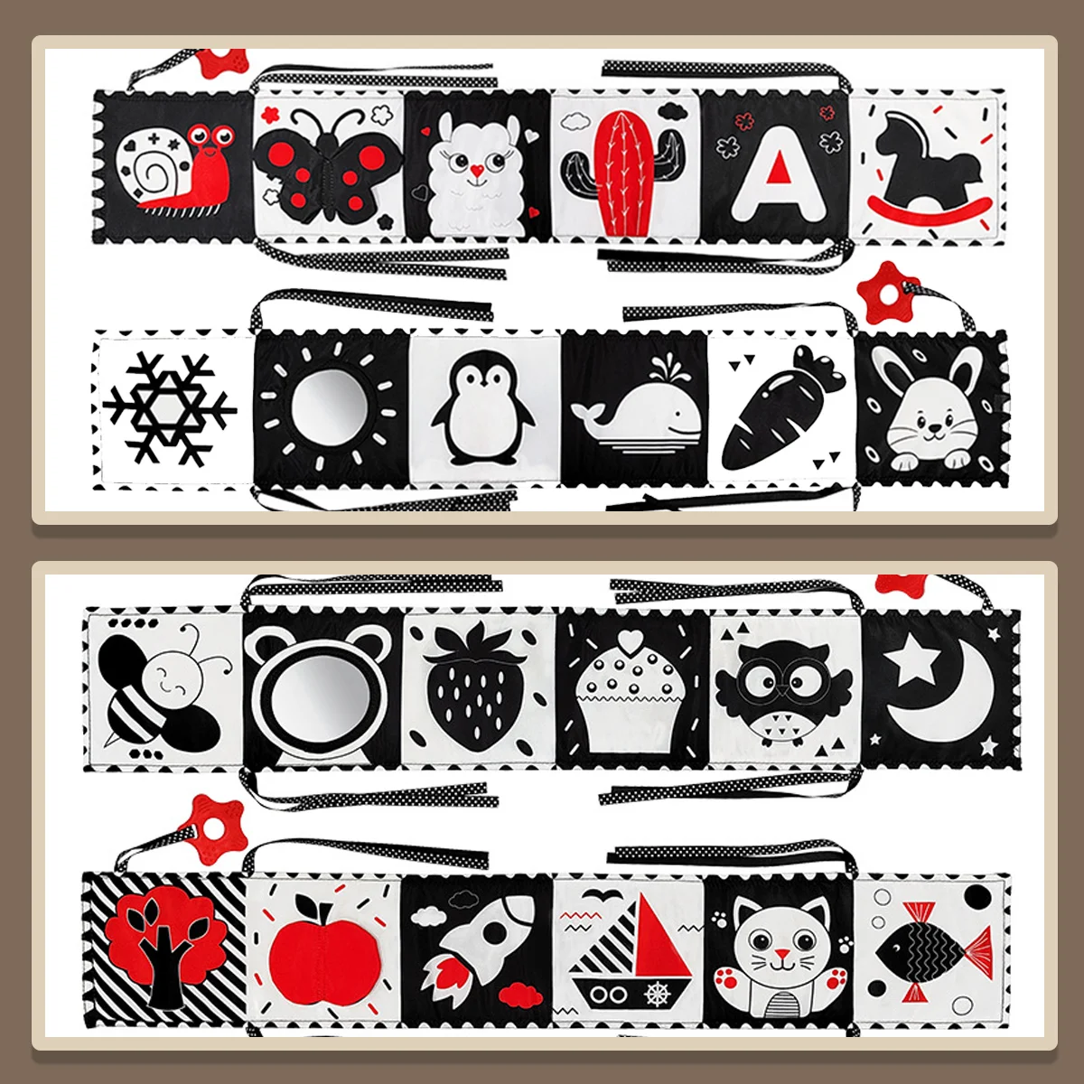 Libri morbidi in tessuto per bambini, bianco e nero ad alto contrasto, pieghevoli, lavabili, giocattolo educativo sensoriale, regali di compleanno perfetti