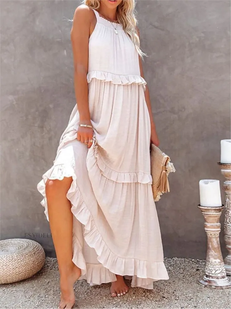 

Summer Vacation Style Halter Neck Long Dresses Women Fashion Backless Loose Ruffles Beach Dress Elegant Ladies Vestidos
