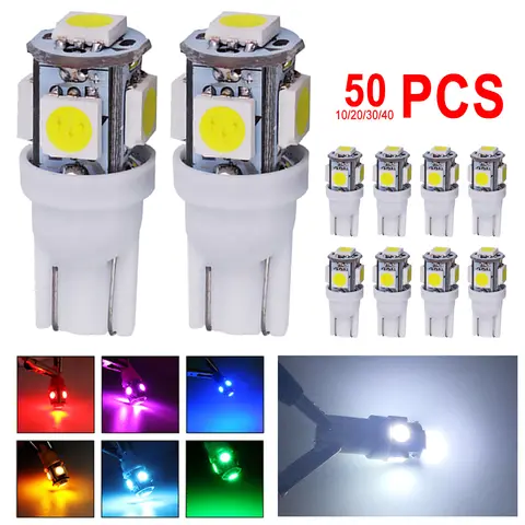 10/30/40/50 PCS T10 W5W LED Bulb For Car Interior Dome Door Maps Trunk License Plate Lights 12V 5SMD 7000K White Red Yellow Blue