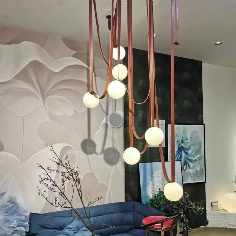 Modern Minimalist Leather Pendant Light With Belt Duplex Staircase Living Room Hotel Room Decoration LED Pendant Lights