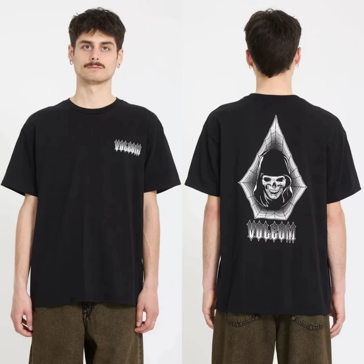 2026 Men White Skull Stair Graphic T Shirt Front And Back Print O-neck Short Sleeve Skate Streetwear Casual Tees For Men