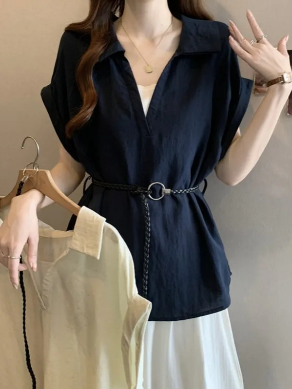 

Slimming Neck Short Sleeve Shirt Women's Fashionable Versatile Waist-Cinching Spring Summer 2026 New Style Patchwork Top