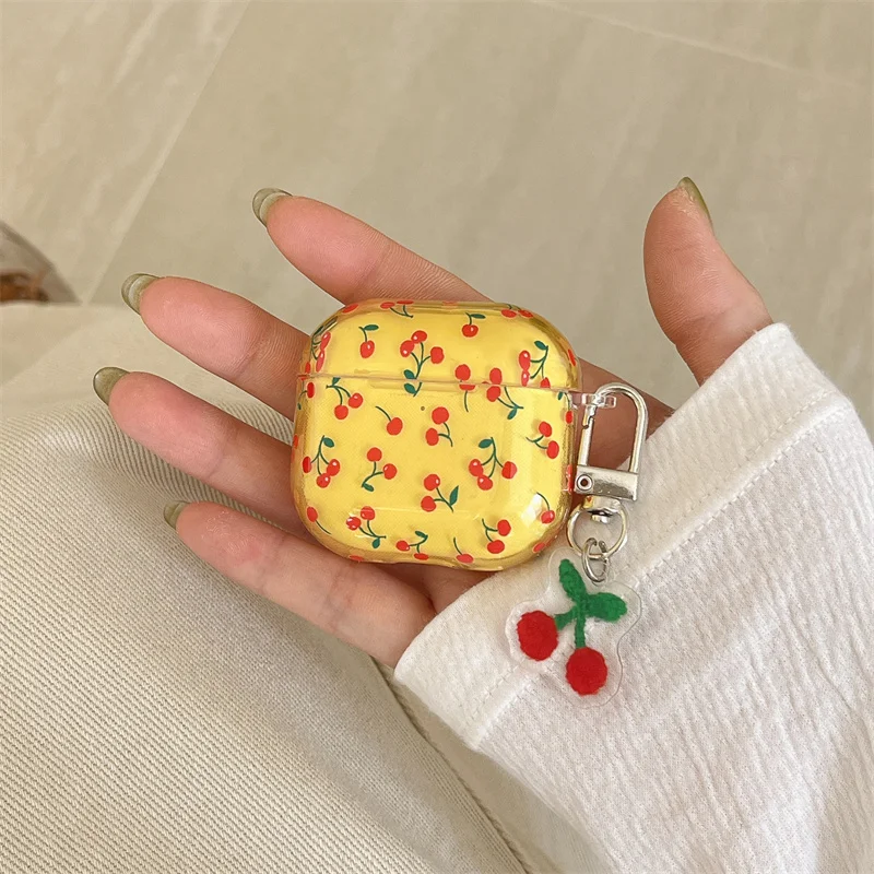 Bonito cereja caso de fone de ouvido para apple airpods 4 3 2 pro 2 capa com charme silicone fone de ouvido casos de carregamento para airpod pro2 funda