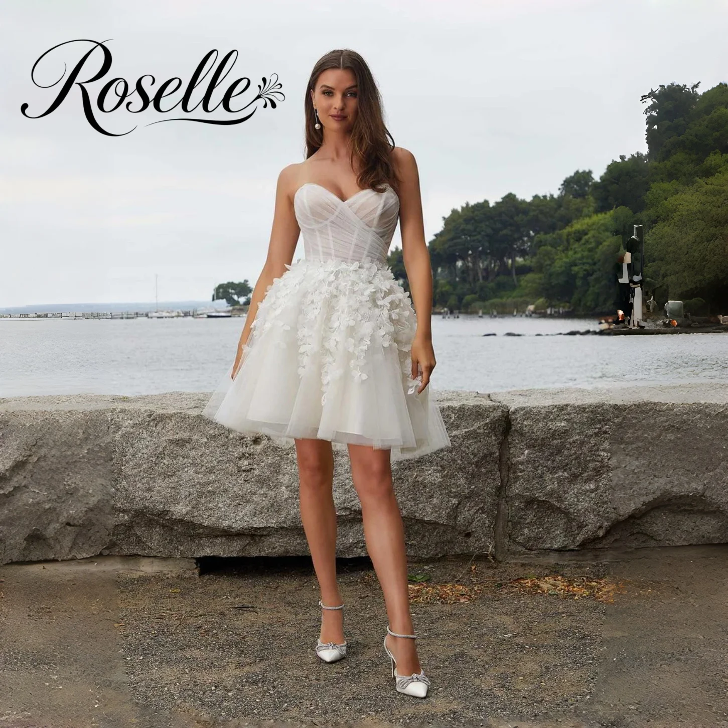 ROSELLE Mini Straoless Sweetheart Sleeveless Flowers Wedding Dress Open Back Tulle 2026 Bridal Gown Customized свадебное платье
