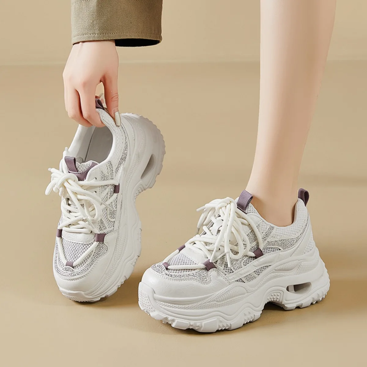 

Women's Thick Sole Mesh Sneakers with Rhinestones Breathable Fashion Casual Shoes Lightweight Platform Walking Shoes