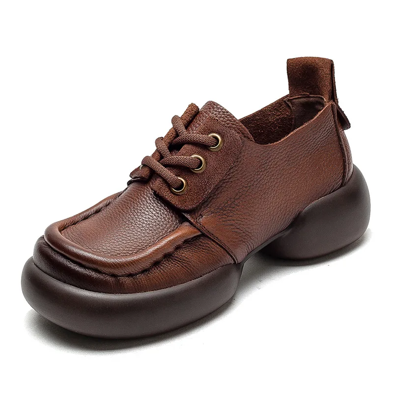 

4.5cm Retro Ethnic Cow Natural Genuine Leather Loafer Walking Soft Autumn Summer Ladies Comfy Flats Lace Up Spring Shoes