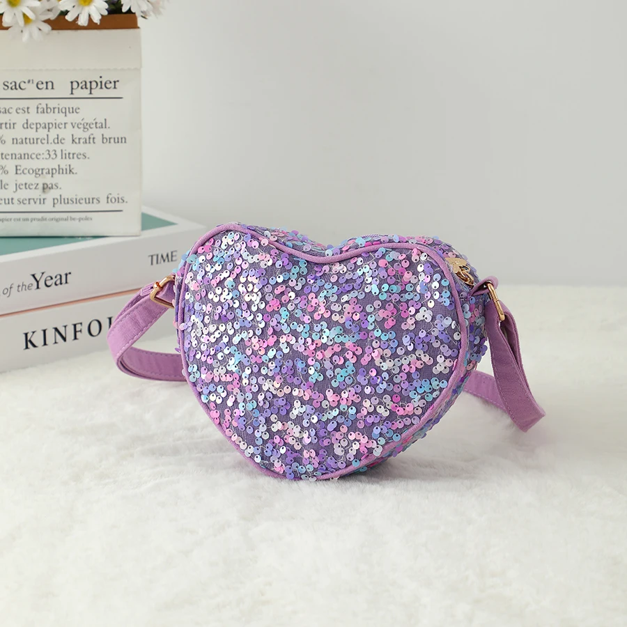 حقيبة كروس لامعة على شكل قلب للفتيات بسحاب أرجواني ترتر حقائب بحمالات للنساء للسفر في الهواء الطلق محفظة صغيرة