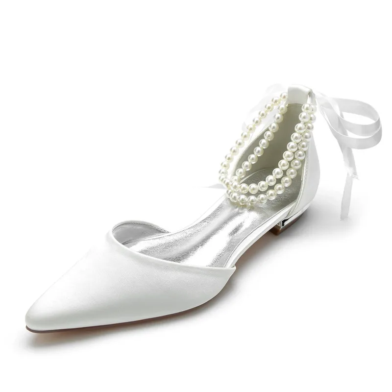 

Satin Pearls Wedding Flat Shoes for Bride Pointed Toe Ribbon Tie Evening Formal Party Flats Women Bridal Sandals