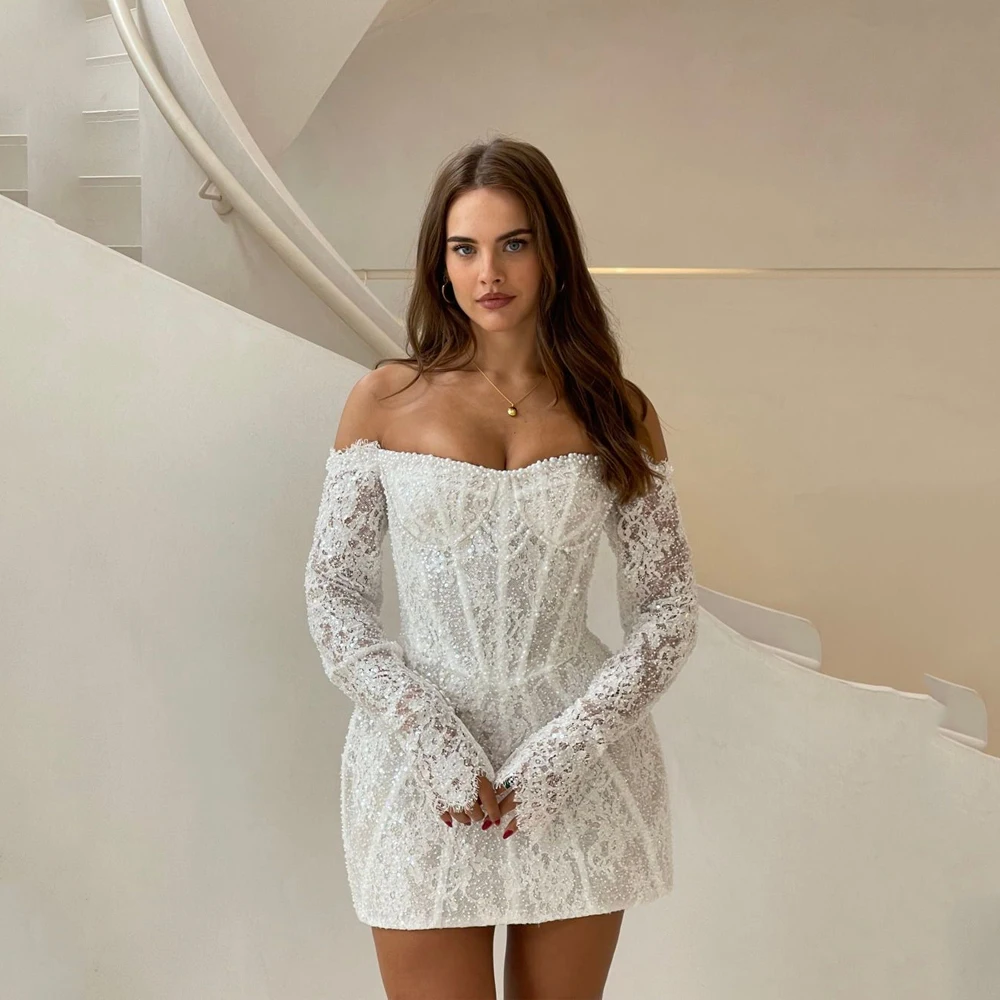 

Pearls Mini Wedding Dress For Woman Applique Lace Strapless Above Knee Short Straight removable Engagement Dress Customized