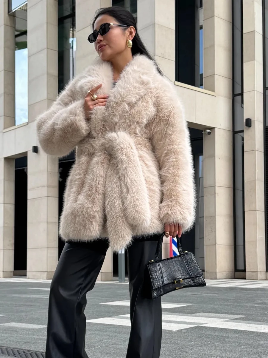 Chic Women Cream Black Fluffy Fur Coat Lapel Collar Drop Shoulder Gathered Waist Mid Long Winter Outerwear