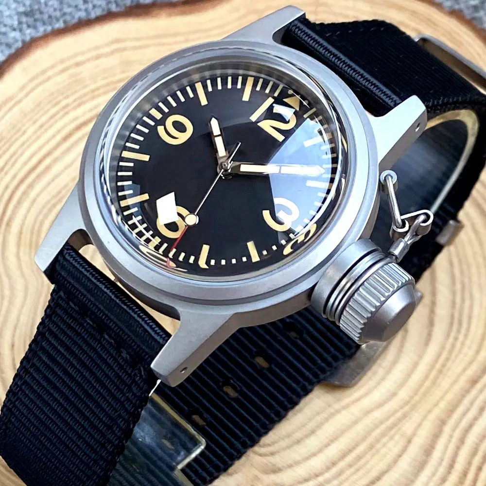 Tandorio NH35 Frog Watch Mechanical Wristwatch Men Big Crown AR Domed Sapphire Glass Vintage  Yellow Markers Dial Sandblast Case