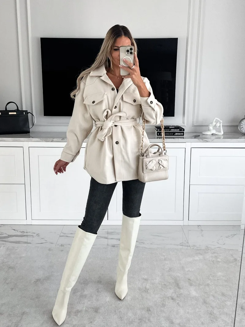 

Women's Clothing Autumn and Winter New Fashion Commuter Polo Collar Pocket Strap Solid Color Woolen Jacket