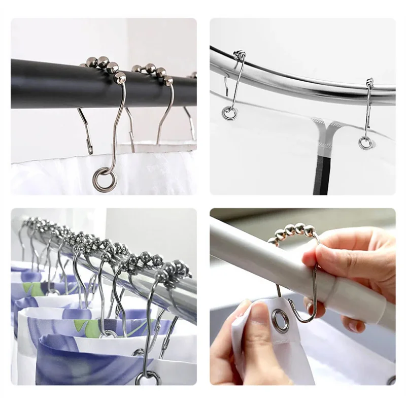 12Pcs Curtain Poles Shower Rod Hook Hanger Sliver Color Iron Material Ring Bath Drape Loop Clasp Drapery Bathroom Home Use Clips