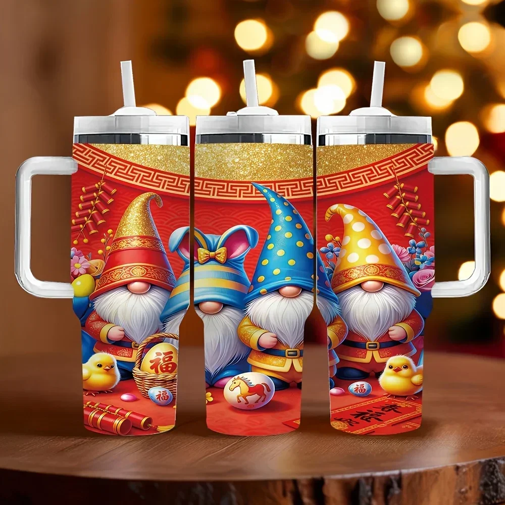 40oz Insulated Tumbler with Handle, Chinese New Year Gnome Print, Ideal As Festival And Birthday Gift, Suitable for Daily Drinking And Outdoor Activities, Keeps Drinks Temperature for A Long Time