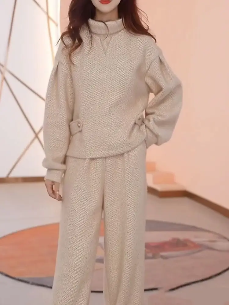 Moda e estilo casual luz luxo minimalista conjunto outono e inverno 2025 feminino versátil manga comprida topo e calças