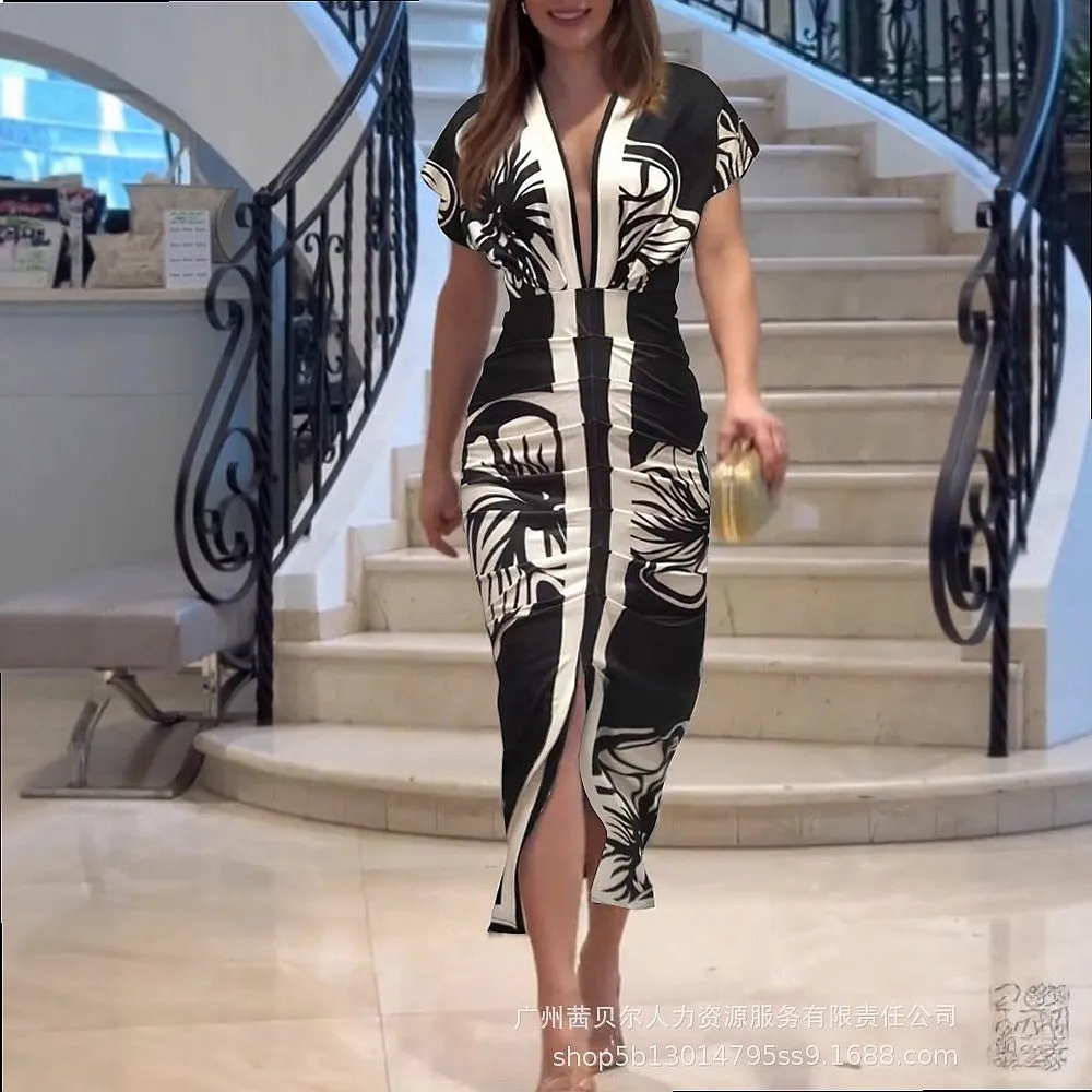 Women's Tropical Plant Print V-Neck Smocked Waist Slit Long Sleeve Dress, Summer Dresses for Women