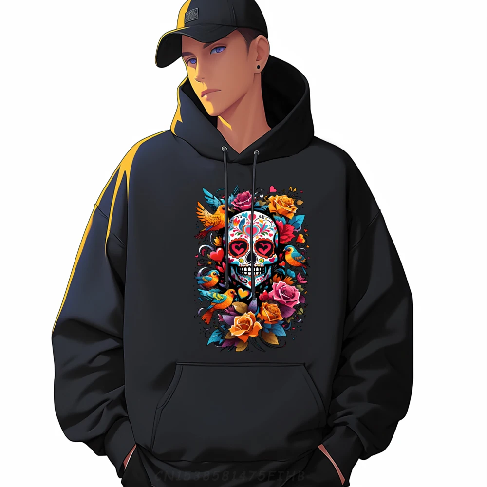 Dia De los Muertos Day of the Dead Floral Sugar Skull Anime Sweatshirts Long Sleeve Hoodie Men