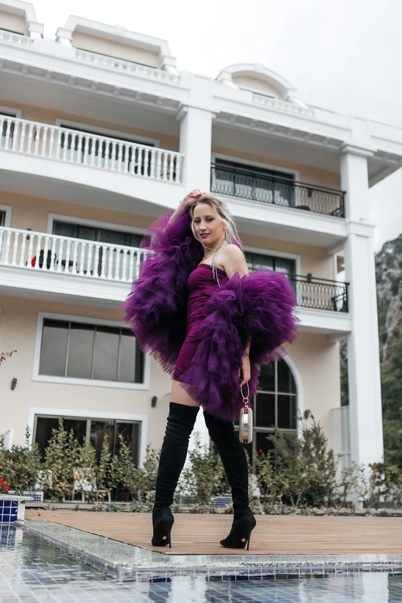 Blusa roxa de tule com babados, mangas em camadas e enfeites de lantejoulas, feita de tecido de poliéster de alta qualidade, festa perfeita