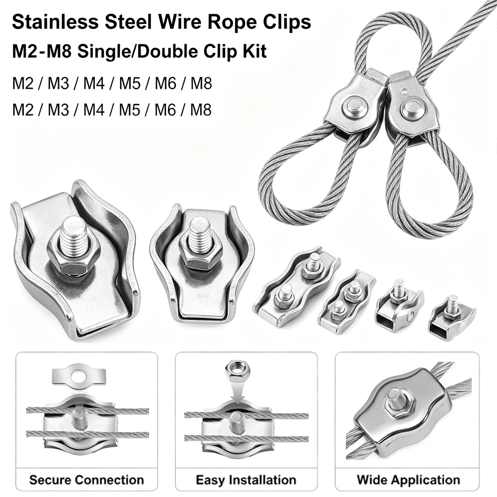 10Pcs M2-M6 304 Stainlesss Steel Cable Clamps Grips, Wire Rope Lock Clips Single/Double U Chuck Fasteners Hardware