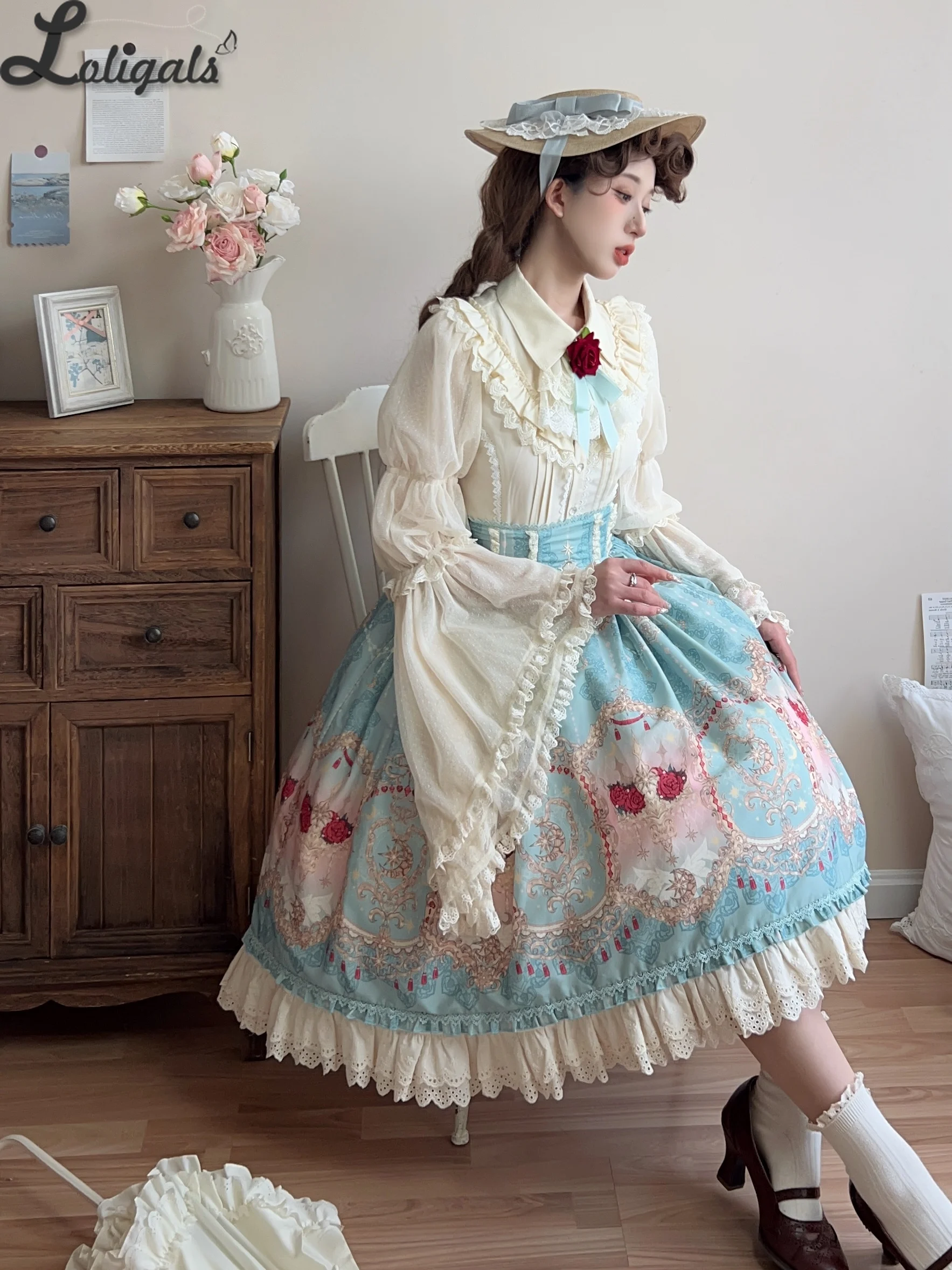 

2026 New Sweet Long Flare Sleeve Lolita Shirt / Printed Empire Waist Midi Skirt