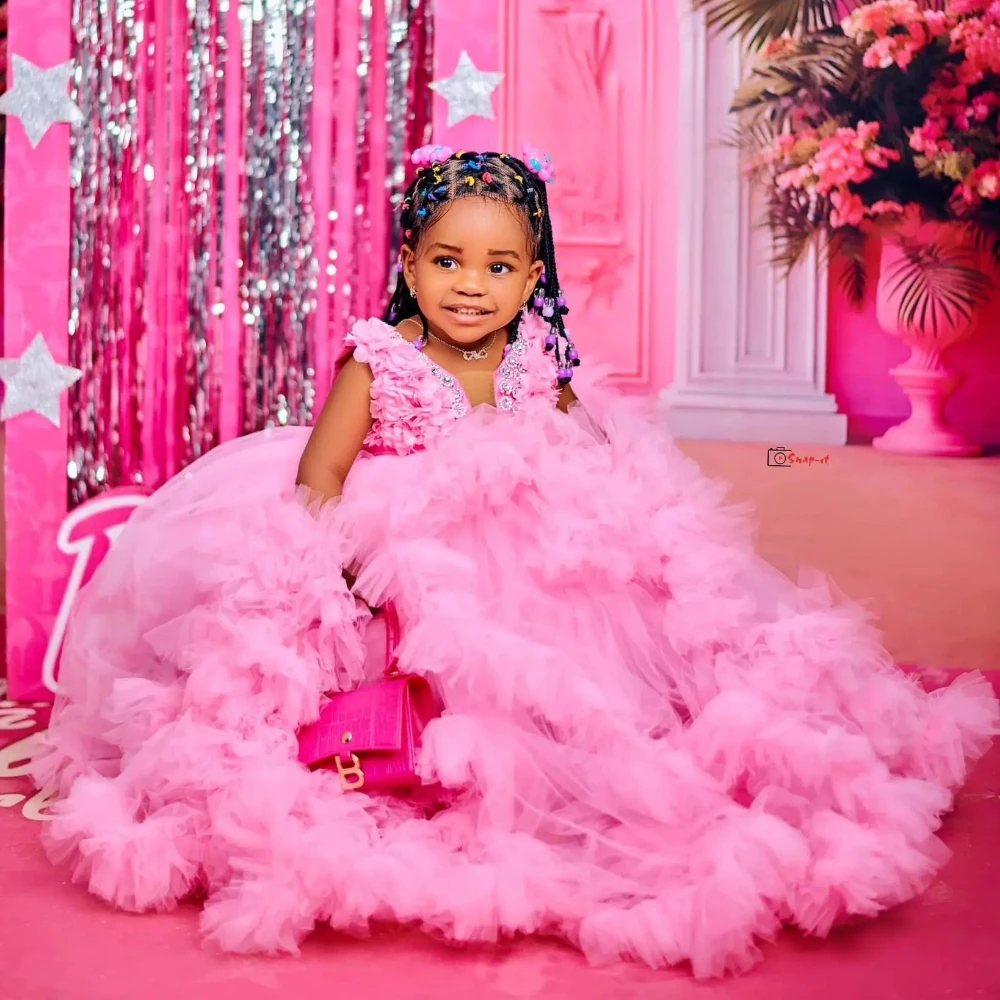 

Pink Flower Girl Dresses Luxury Beading Ruffles Kids Birthday Dresses for Wedding Baby Girls Prom for Photoshoot Customized