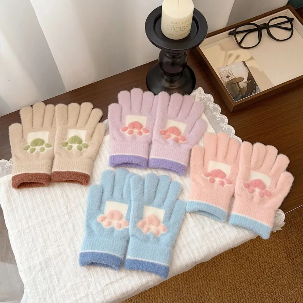 Cute Polyester School Age Kids Warm Gloves Cold Proof Soft Cat Paw Full Finger Gloves Winter Thick Gloves For Children Aged
