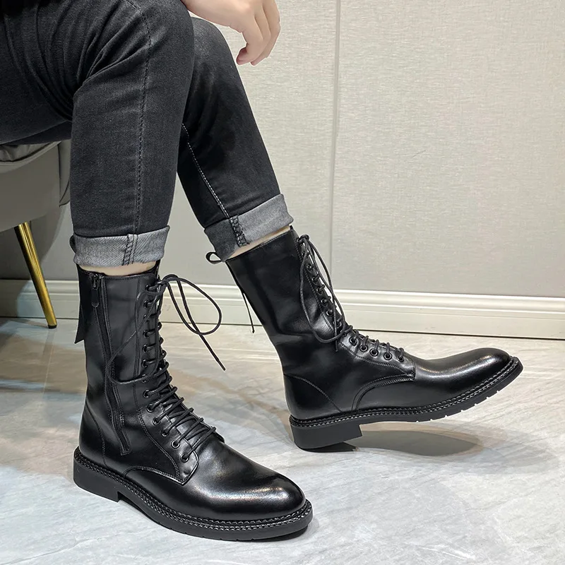 mens fashion stage nightclub wear motorcycle boots black tide soft leather shoes lace-up cowboy boot handsome high top botas man