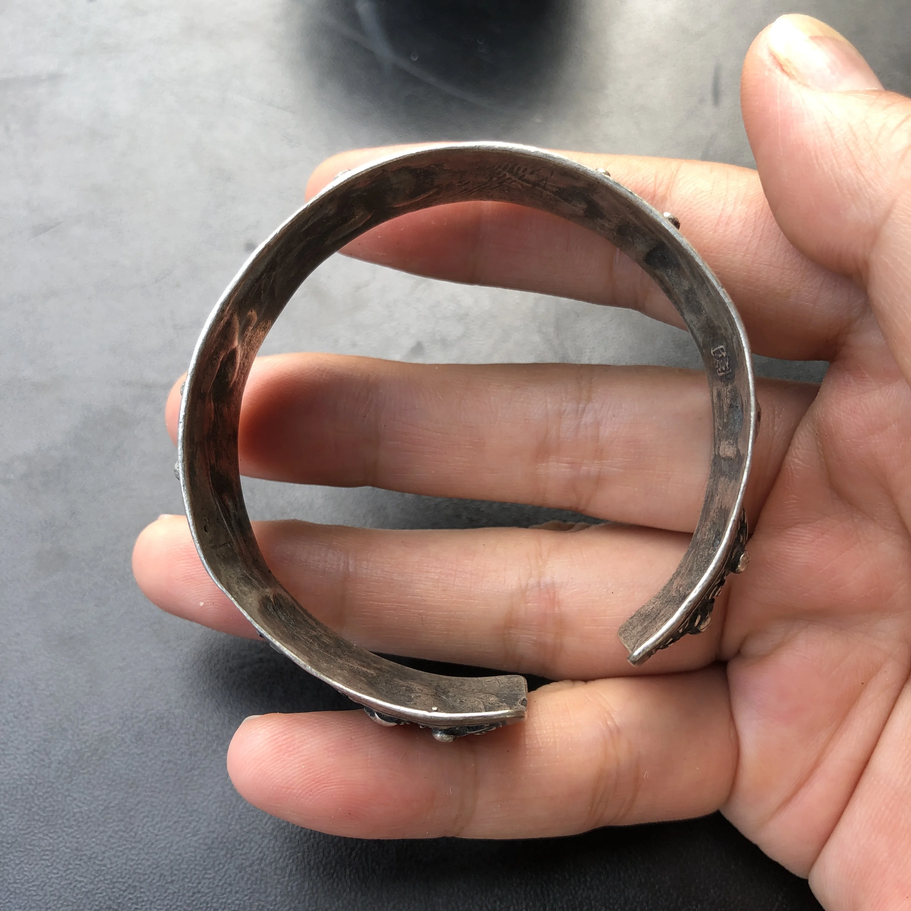 Vintage Chinese Silver Cuff Bracelet, Relief Carved Ancient Figure Story Pattern Antique Ethnic Open Bangle Jewelry