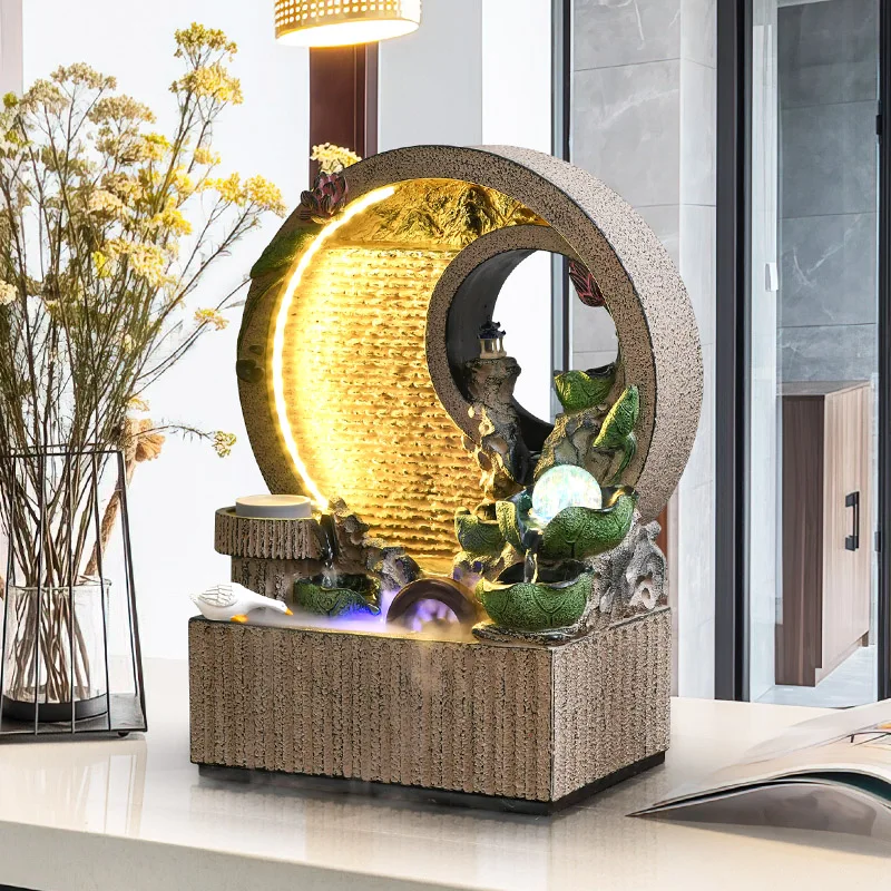 

New Chinese-style round water curtain wall, flowing water screen, landscape, feng shui wheel, lucky ornament