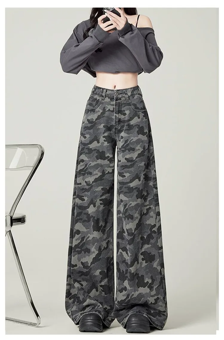Y2K Übergröße Damen Graue Camouflage Cargo Jeans 2026 Frühling Herbst Hochgeschnittene Weite Hose Streetwear – Detail 13