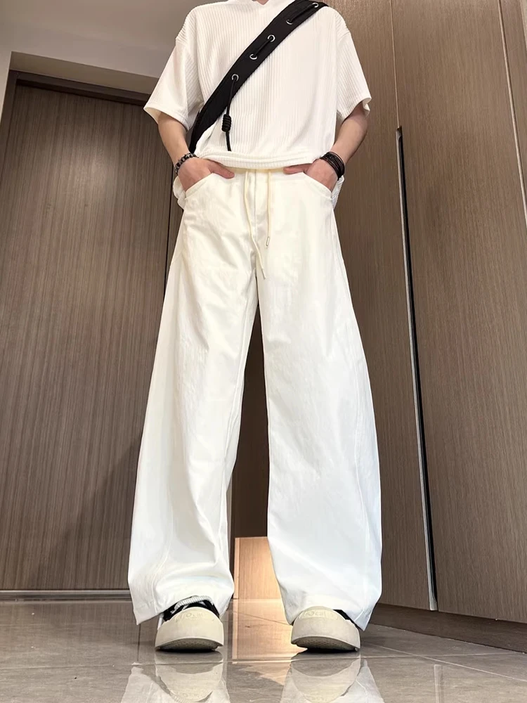 

Американские повседневные прямые брюки из ледяного шелка, мужские летние модные уличные брюки, свободные широкие длинные брюки