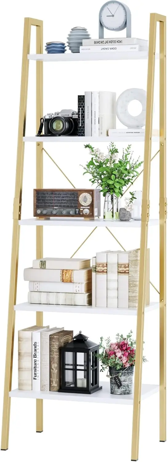 

5-Tier Ladder Shelf, Gold Bookcase Bookshelf with Metal Frame, Display Shelf Plant Rack Accent Furniture